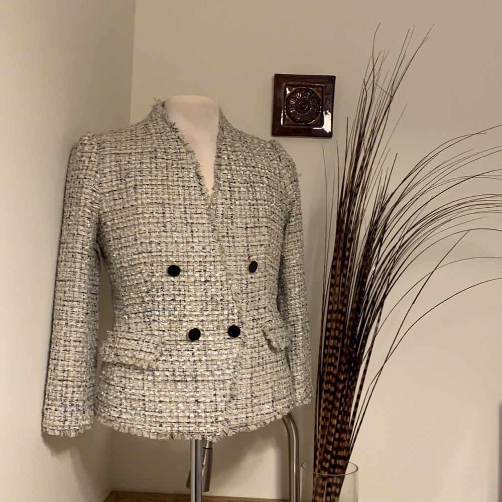 Ann Taylor size 10 fringed ivory tweed blazer hints of gold